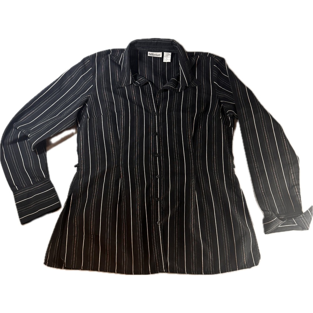 Millenium Womens XL Black White Striped Metallic Button Down Shirt Long Sleeve